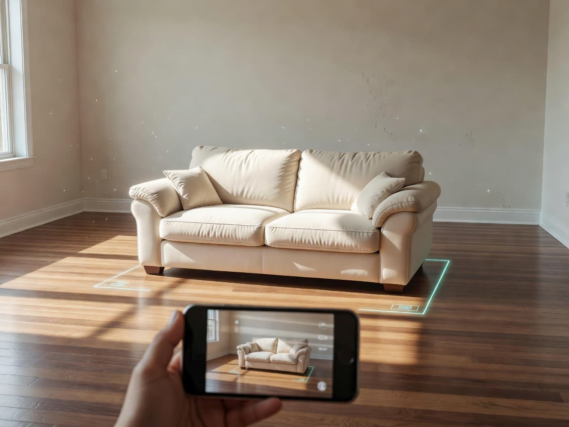 AR furniture planner placing a sofa in a real living room
