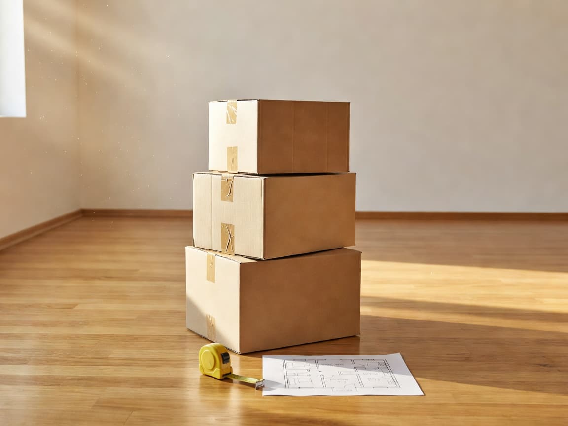 Home planner for moving with boxes and a floor plan