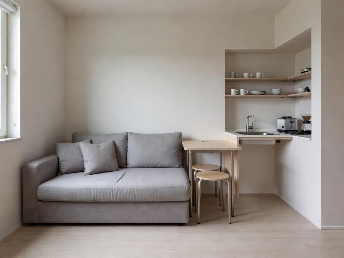 Studio apartment planner 3D showing a compact furnished layout