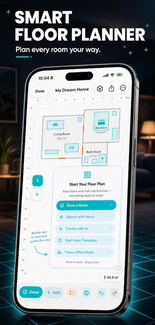AI Home Planner 3D app preview on iPhone showing a floor plan